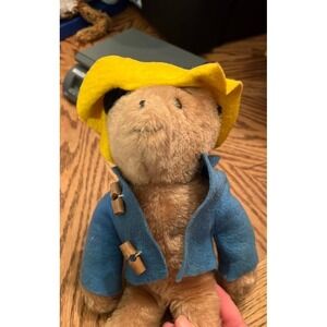 Vintage Paddington Bear Plush Toy with Yellow Hat and Blue Coat